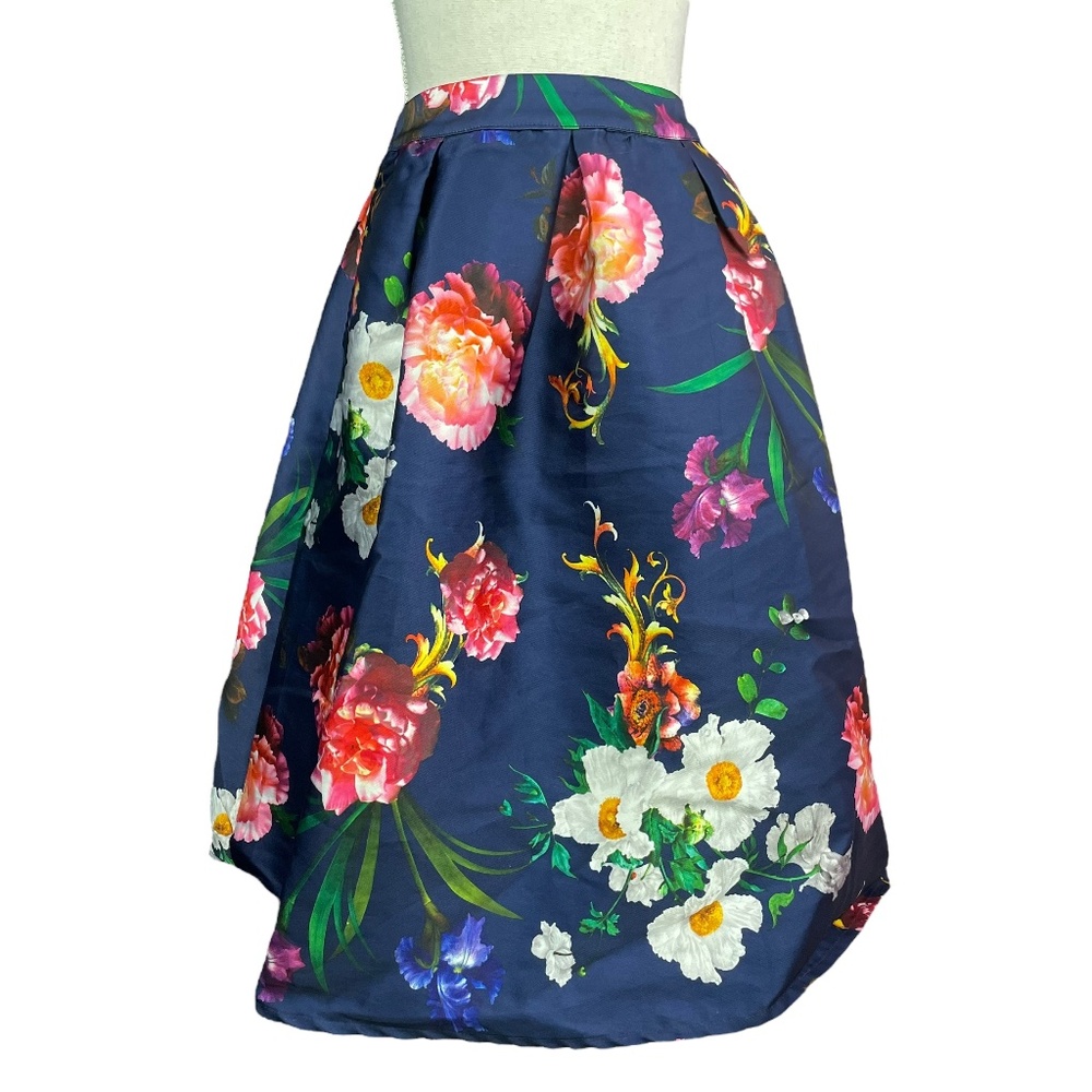 Floral Print Pockets Skirt S Full Midi Pleated Shiny Photorealistic Graphic Navy